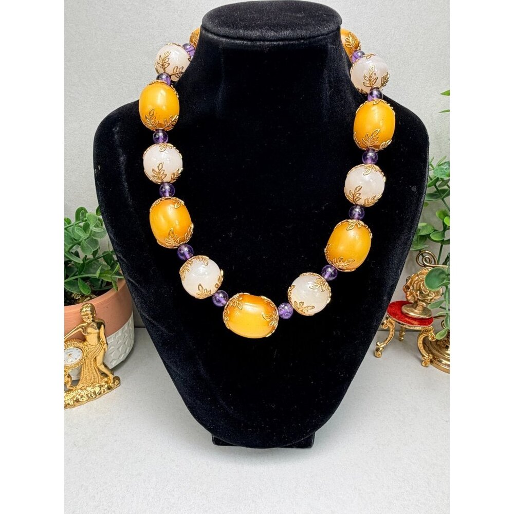 Stunning Bakelite Quartz Amethyst Statement Beaded Necklace Bold Rodo Collection